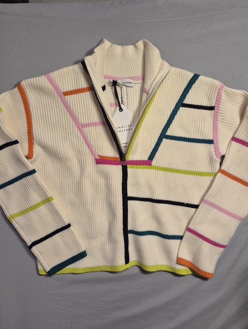 English Factory Cream Zip-Up Ribbed Sweater with Multicolor Stripe Accents NWT